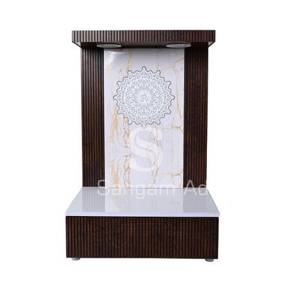 Sangam Ad Dark brown puja mandir with marble texture finish | Louvers design