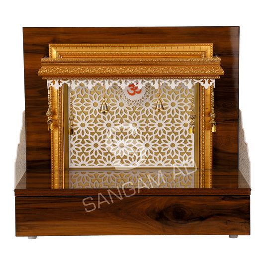 Sangam Ad Golden and Brown Wooden Pooja Mandir with Intricate Design