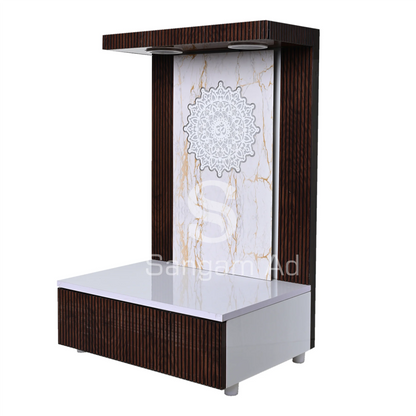 Sangam Ad Dark brown puja mandir with marble texture finish | Louvers design