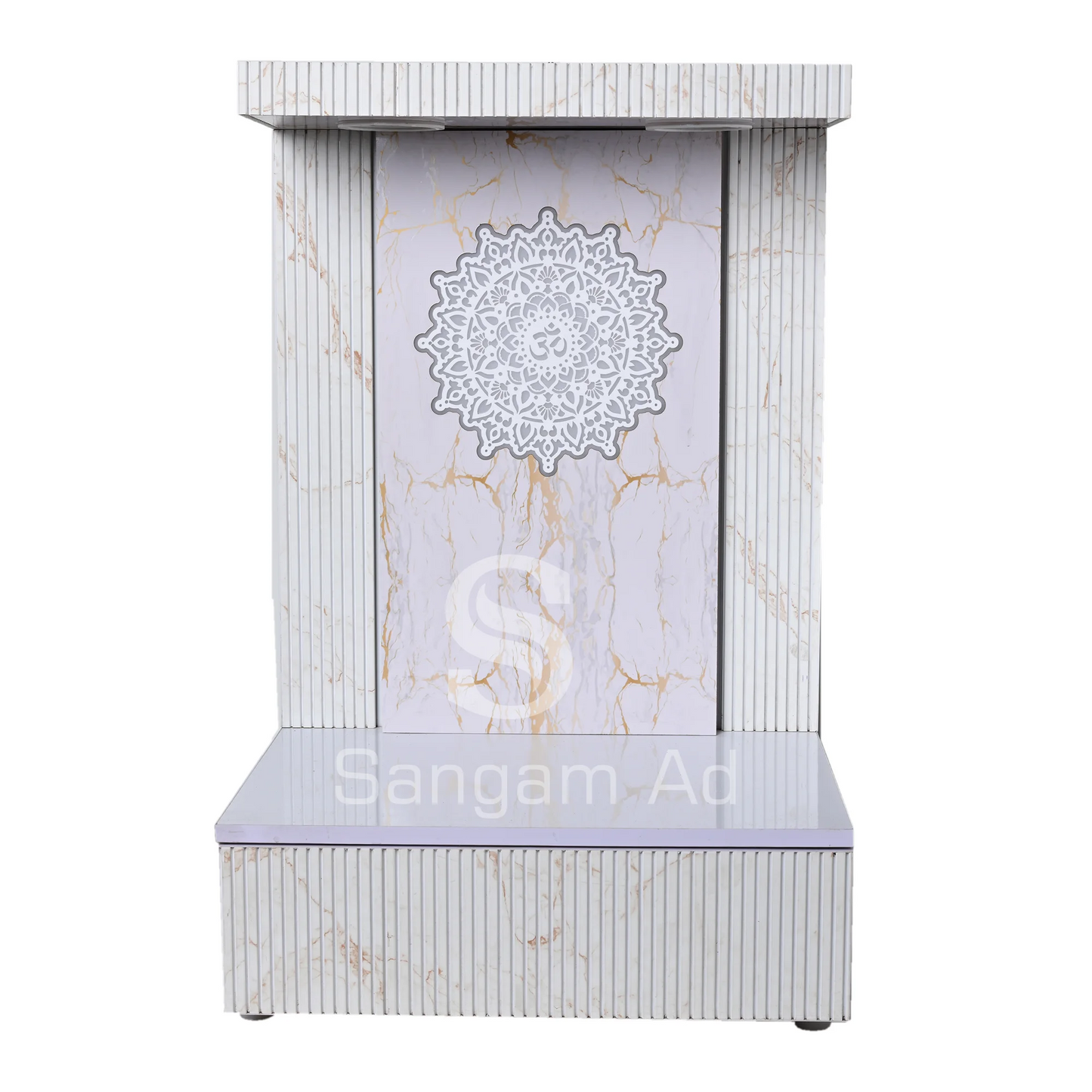 Sangam Ad White brown puja mandir with marble texture finish | Louvers design