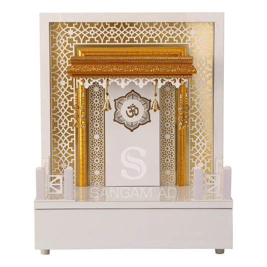 Sangam Ad Puja Mandir for Home with LED Lights | OM symbol | Golden Border