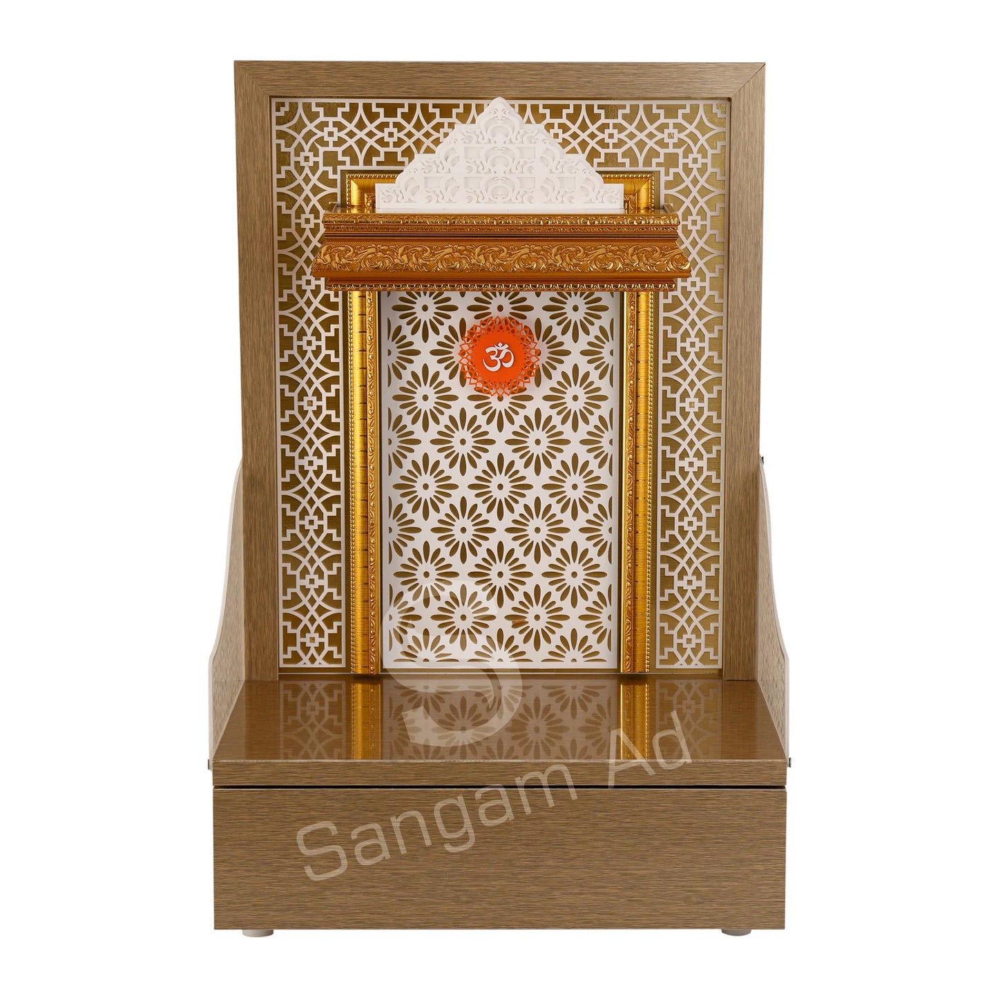 Sangam Ad Beautiful Golden Temple with border and Lasercut jali | LED puja mandir