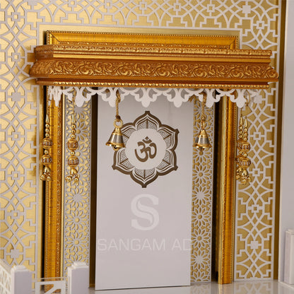 Sangam Ad Puja Mandir for Home with LED Lights | OM symbol | Golden Border