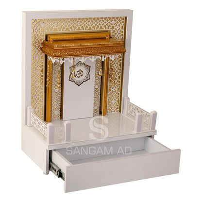 Sangam Ad Puja Mandir for Home with LED Lights | OM symbol | Golden Border