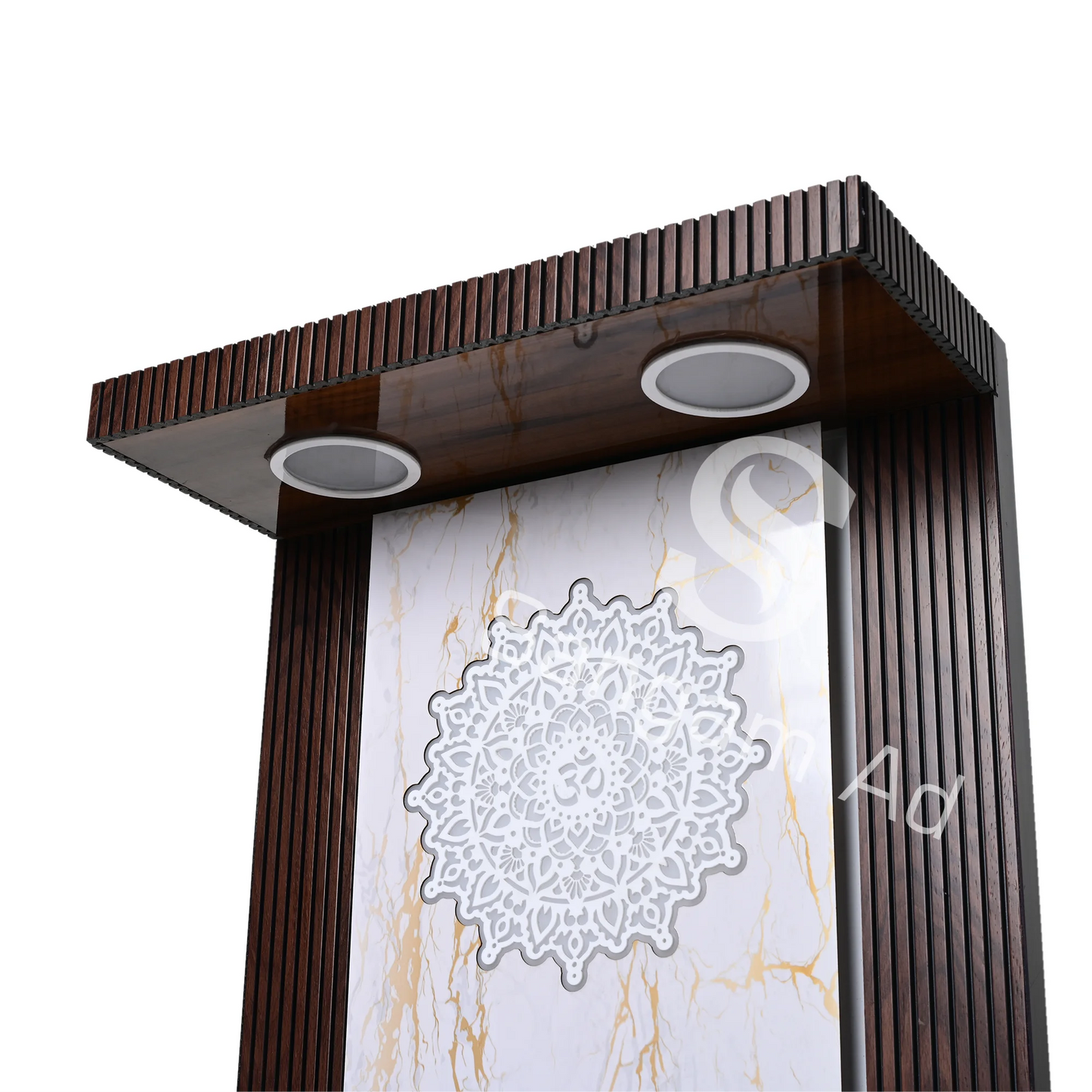 Sangam Ad Dark brown puja mandir with marble texture finish | Louvers design