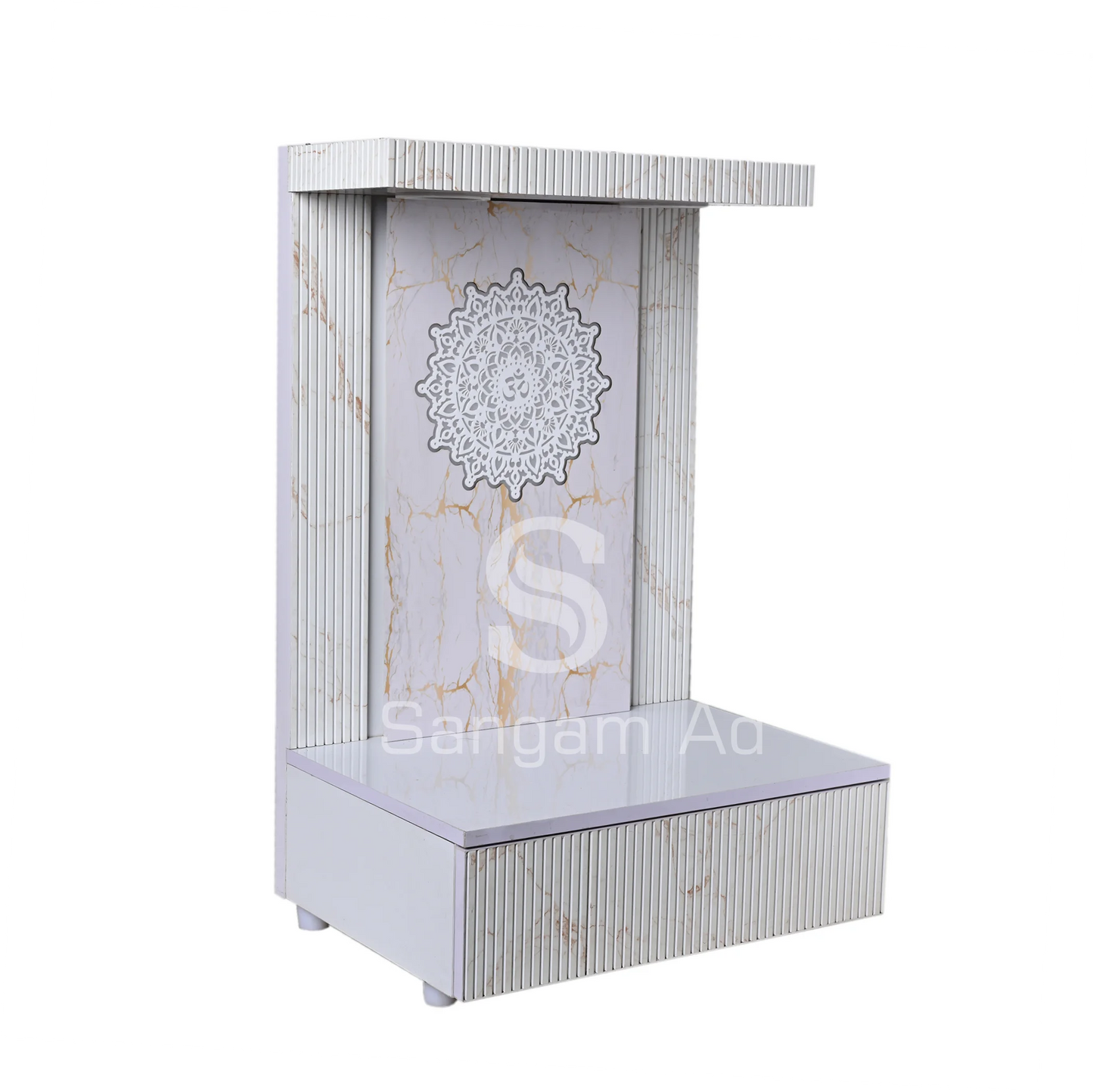 Sangam Ad White brown puja mandir with marble texture finish | Louvers design