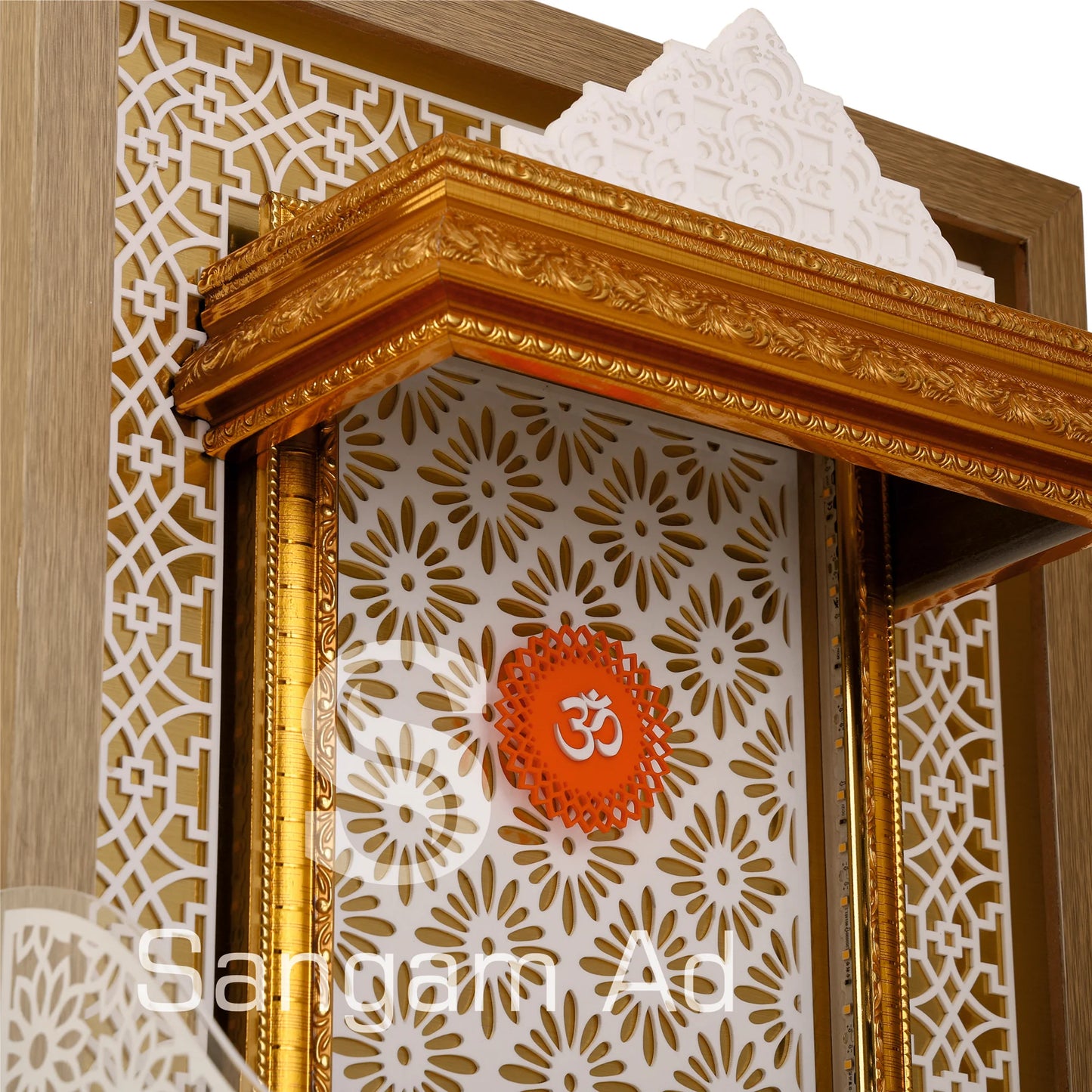 Sangam Ad Beautiful Golden Temple with border and Lasercut jali | LED puja mandir