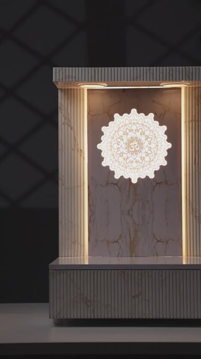 Sangam Ad White brown puja mandir with marble texture finish | Louvers design